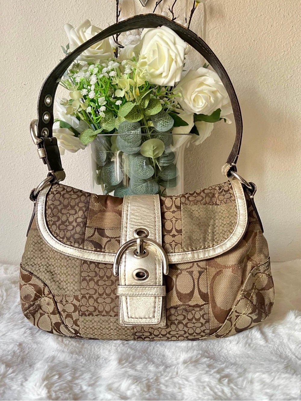 Coach soho Patchwork Signature Shoulder Bag in Brown and Metallic Gold